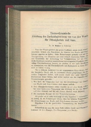 Thermodynamische Ableitung der Zustandsgleichung von van der Waals für Flüssigkeiten und Gase.