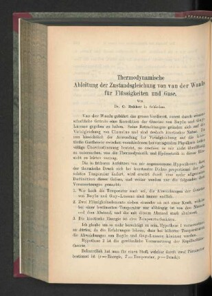 Thermodynamische Ableitung der Zustandsgleichung von van der Waals für Flüssigkeiten und Gase.
