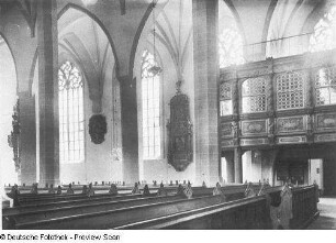 Bautzen. Dom St. Petri (1213/1221). Kircheninneres. Blick nach Südsüdosten auf Südwest-Empore und Fürstenloge