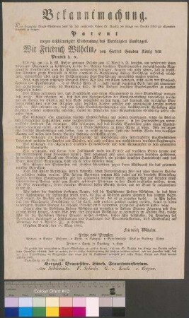Veröffentlichung der Bekanntmachung des Patentes von Friedrich Wilhelm IV., König von Preußen zur Einberufung des Vereinigten preußischen Landtags vom 18. März 1848 durch das Braunschweigische Staatsministerium