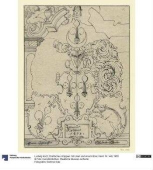 Dreifaches Wappen mit Lilien und einem Eber