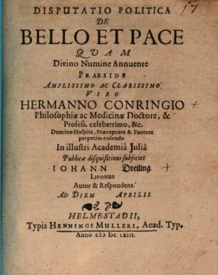 Disputatio Politica De Bello Et Pace