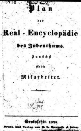 Plan der Real-Encyclopädie des Judentums : zunächst für die Mitarbeiter / [David Cassel, Moritz Steinschneider]