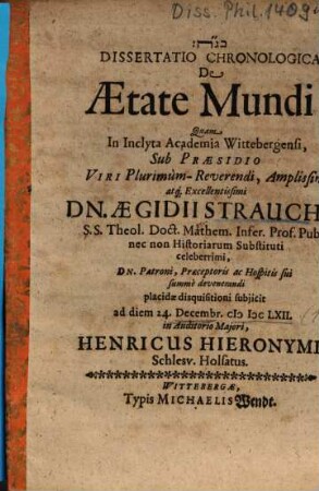 Dissertatio Chronologica De Aetate Mundi