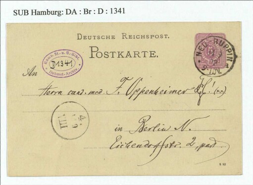 Postkarte an Franz Oppenheimer