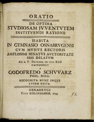Oratio De Optima Studiosam Juventutem Instituendi Ratione