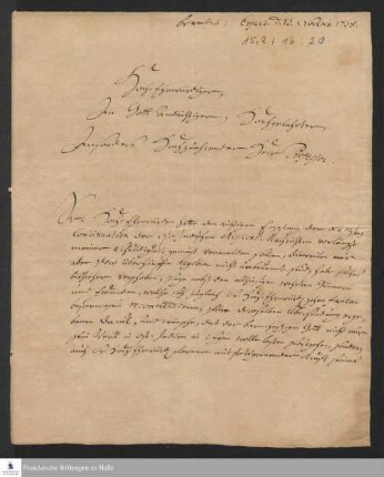 Brief von Johann Melchior Möller an Gotthilf August Francke.