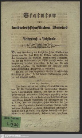 Statuten des landwirthschaftlichen Vereins in Reichenbach im Voigtlande