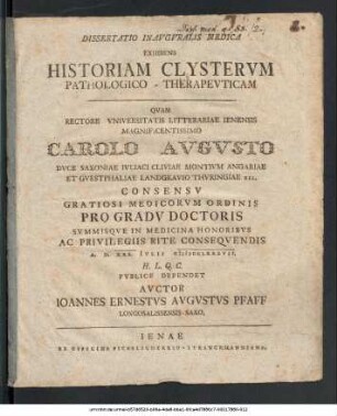 Dissertatio Inavgvralis Medica Exhibens Historiam Clystervm Pathologico-Therapevticam