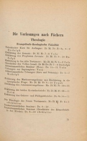 21-39, Die Vorlesungen nach Fächern