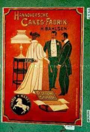 Werbeschild, beidseitiger Aufdruck "HANNOVERSCHE CAKES-FABRIK H. BAHLSEN FESTLICHE STUNDEN" (Abbildung einer Dame und zweier Herren in festlicher Kleidung)