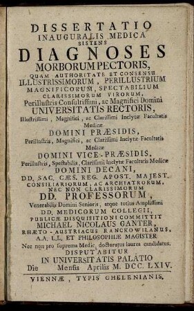 Dissertatio Inauguralis Medica Sistens Diagnoses Morborum Pectoris