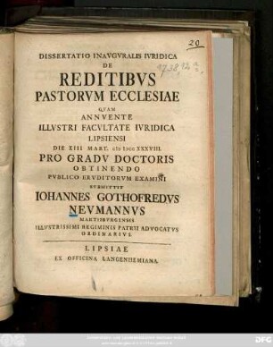 Dissertatio Inavgvralis Ivridica De Reditibvs Pastorvm Ecclesiae