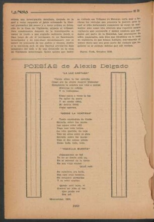 Poesías de Alexis Delgado : "La luz cantaba" [y] "Desde la ventana" [y] "Aquella muerta"