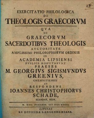 Exercitatio philol. de theologis Graecorum, qua de Graecorum sacerdotibus theologis