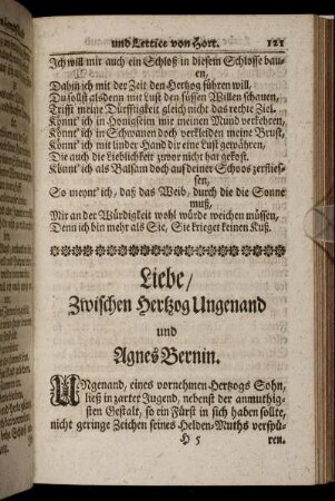 Liebe/ Zwischen Hertzog Ungenand und Agnes Bernin.