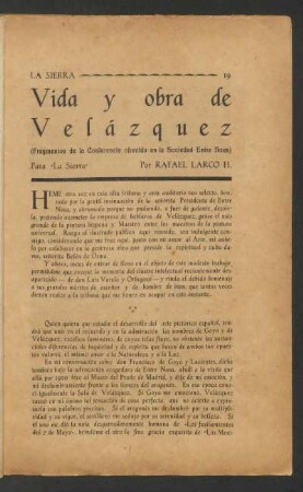 Vida y obra de Velázquez : (Fragmentos de la Conferencia ofrecida en la Sociedad Entre Nous)