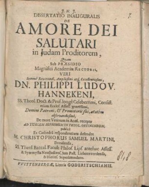 Dissertatio Inauguralis De Amore Dei Salutari in Judam Proditorem