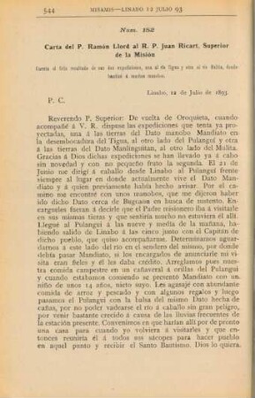 Núm. 152. Carta del P. Ramón Llord al R. P. Juan Ricart, Superior de la Misión