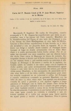 Núm. 152. Carta del P. Ramón Llord al R. P. Juan Ricart, Superior de la Misión