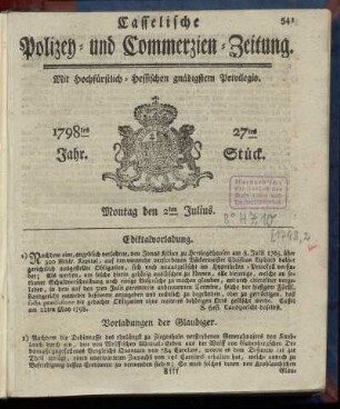 27tes Stueck, Montag den 2ten Julius 1798