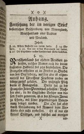 Anhang. Fortsetzung der im vorigen Stück befindlichen Beschreibung von Neuengland, Neuschottland oder Acadien und Neuland.