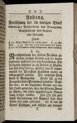 Anhang. Fortsetzung der im vorigen Stück befindlichen Beschreibung von Neuengland, Neuschottland oder Acadien und Neuland.