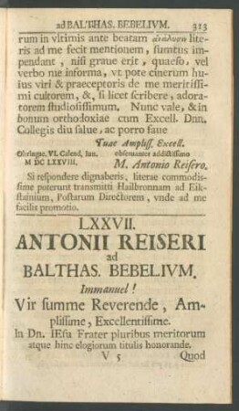 LXXVII. Antonii Reiseri ad Balthas. Bebelium