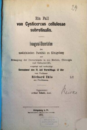 Ein Fall von Cysticercus cellulosae subretinalis : (Inauguraldissertation.)
