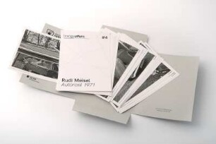 Rudi Meisel. Autorast 1971 : Begleitpublikation zur gleichnamigen Ausstellung in Form einer Archivbox mit Katalogtext und 14 Bildkarten. Hg. von Jens Bove, mit einem Text von Agnes Matthias, publish&print Verlag Dresden 2022. Geöffnete Box mit Bildkarten
