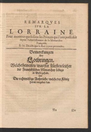 Remarques Sur La Lorraine. ... = Bemerckungen Uber Lothringen. ...