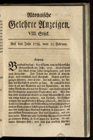VIII. Stück. Auf das Jahr 1758. vom 20 Februar