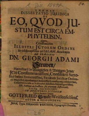 Dissertatio Juridica Inauguralis De Eo, Qvod Justum Est Circa Emphyteusin