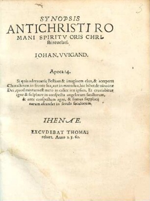 Synopsis Antichristi Romani Spiritv Oris Christi reuelati