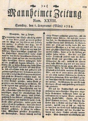 2 Blätter aus der Mannheimer Zeitung mit Berichten über Eisgang und Hochwasser am Neckar (auch in Heilbronn)