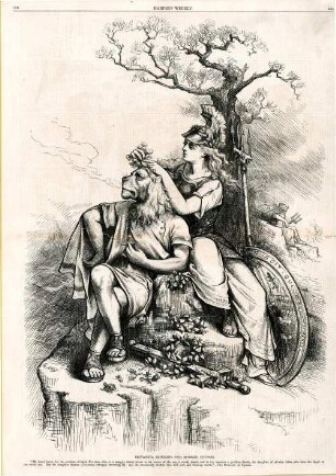 Britannia lionizing our modern Ulysses. [Anschließend folgt ein Textblock] : Britannia steckt einem Löwen Blumen in die Mähne