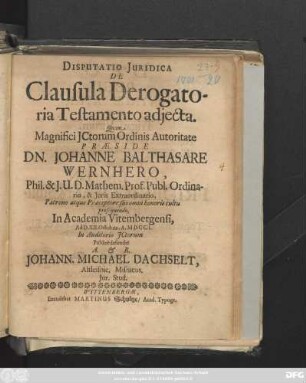 Disputatio Juridica De Clausula Derogatoria Testamento adjecta