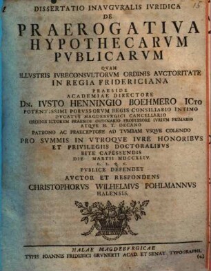 Dissertatio inauguralis iuridica de praerogativa hypothecarum publicarum