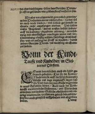 Vonn der Kindt-Tauffe und Kindelbier/ in Stetten und Dörffern