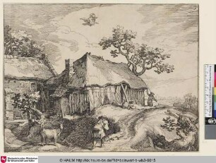 [Bauernhaus mit zwei Männern und einer Ziege, Ganymed auf dem Adler im Himmel; Farmhouses with Ganymede]