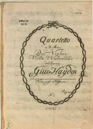 Quartetto in D Minore a Due Violini Viola, è Violoncello del Signore Gius- Hayden N.o 1