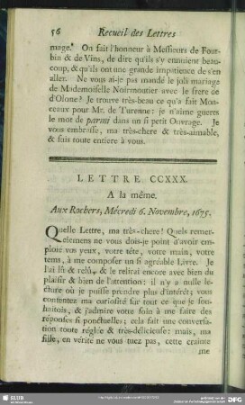 Lettre CCXXX. A la même. Aux Rochers, Mécredi 6. Novembre, 1675