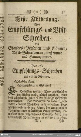 Erste Abtheilung, Von Empfehlungs- und Visit-Schreiben, An Standes-Personen und Gönner, Visit-Schreiben an gute Freunde und Frauenzimmer