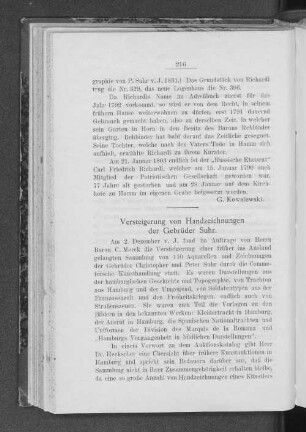 Versteigerung von Handzeichnungen der Gebrüder Suhr.