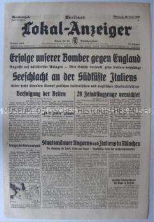 Tageszeitung "Berliner Lokal-Anzeiger" u.a. über deutsche Luftangriffe auf britische Schiffe