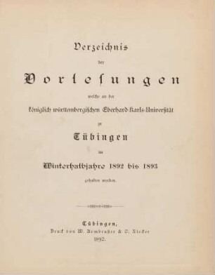 Vorlesungsverzeichnis 1892/93