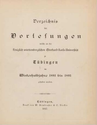 Vorlesungsverzeichnis 1892/93