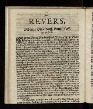 Revers, Geben zu Düsseldorff/ Anno 1609. den 21. Julij