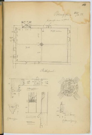 Rittersaal, Beuggen: Grundriss, Details (aus: Skizzen- und Fotoalbum 15)