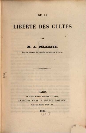 De la liberté des cultes